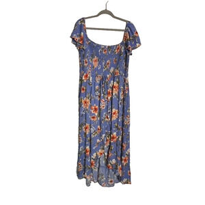 Xhilaration Dress XXL Blue Tropical Floral Off the Shoulder Smocked Prairim Tie